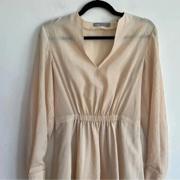 Vince Poet Long Sleeve Dress in Sandalwood Beige Textured Sheer Asymmetrical Hem - Picture 7 of 16